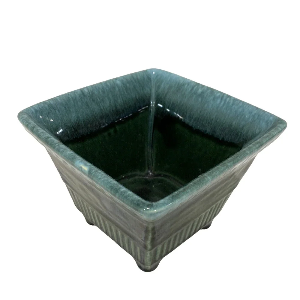 Hull USA Art Pottery Small Square Planter #A2 Green Drip Glaze Mid Century